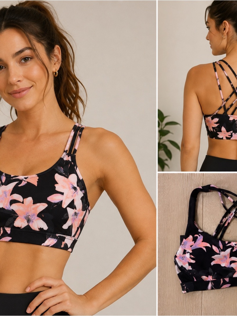 Victoria's Secret Black Floral Strappy Sports Bra with Pink Blossoms